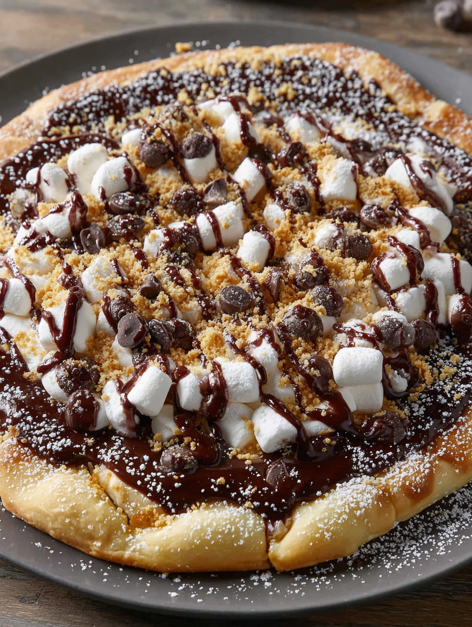 A chocolate covered pizza with marshmallows.
