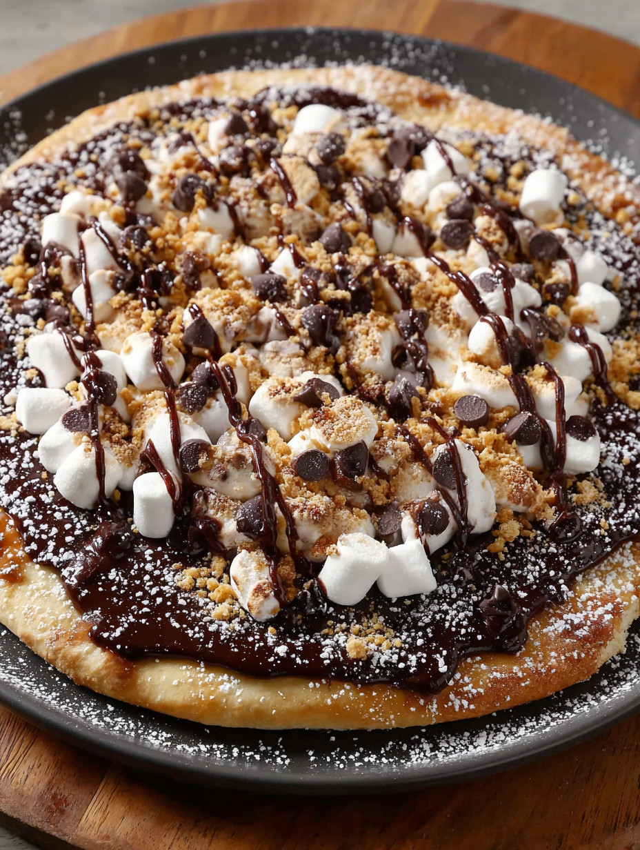 A chocolate covered pizza with marshmallows and chocolate chips.