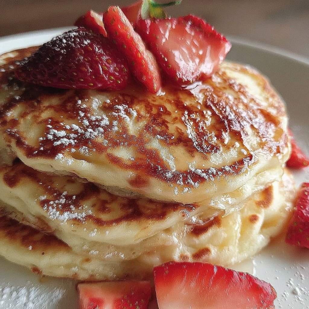 A stack of pancakes with strawberries on top.