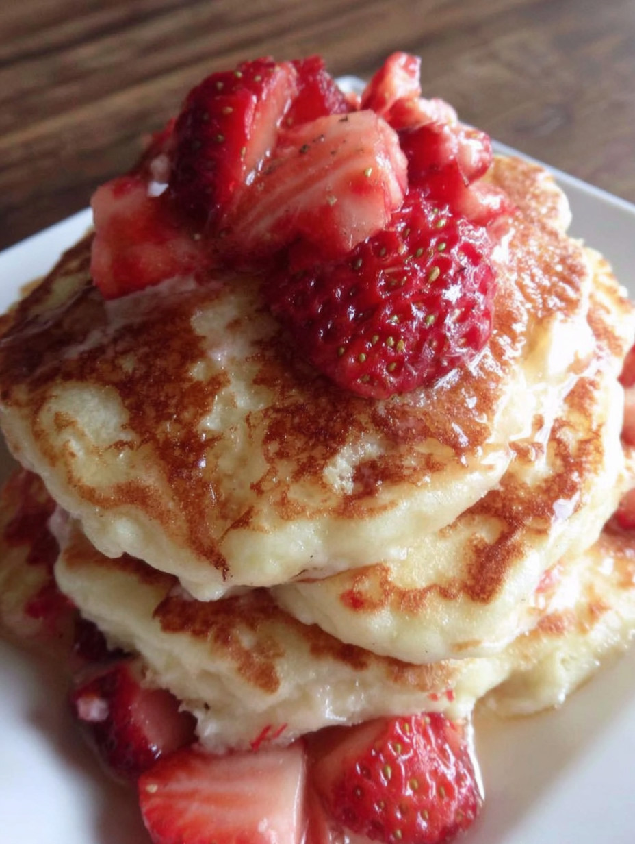 A stack of pancakes with strawberries on top.