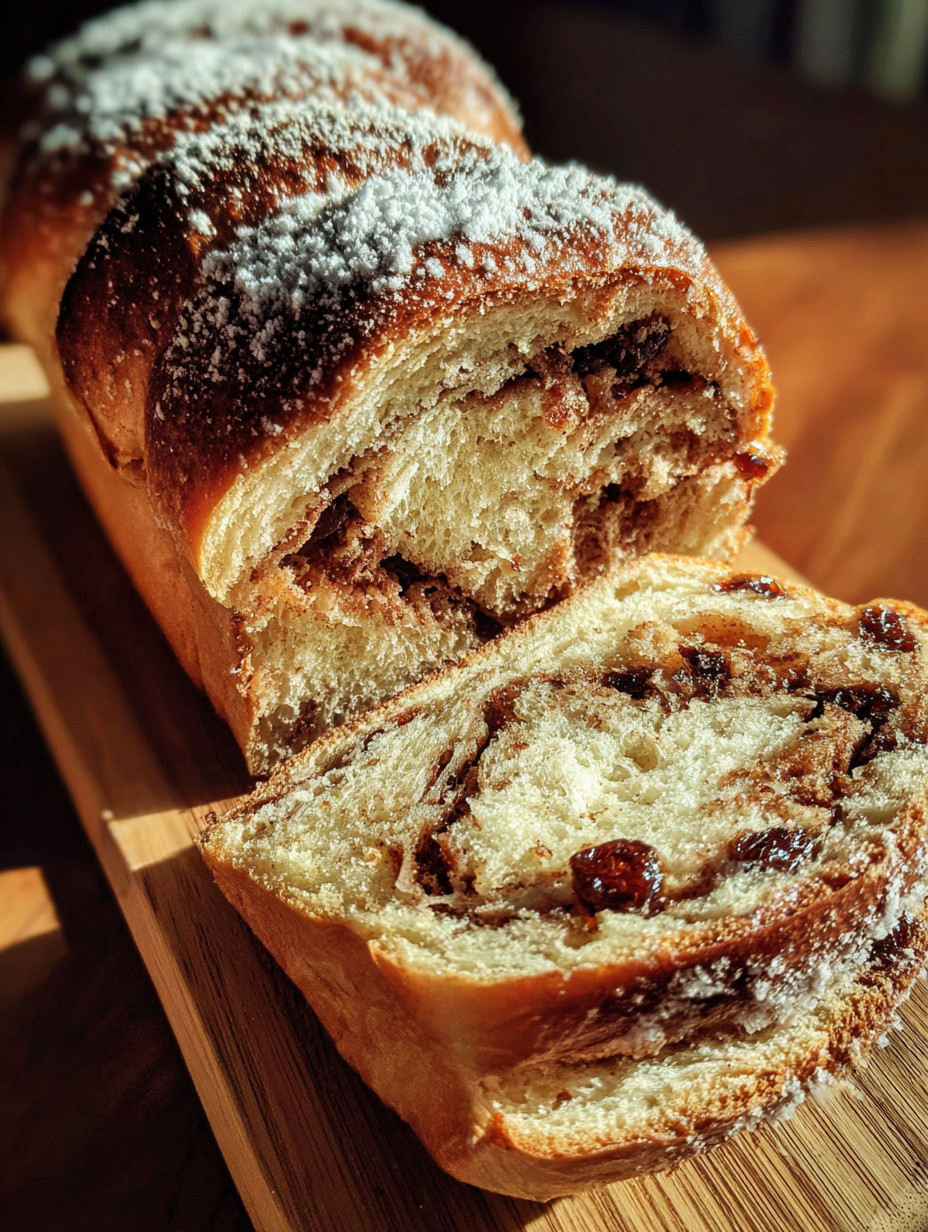 A loaf of bread with powdered sugar on top.