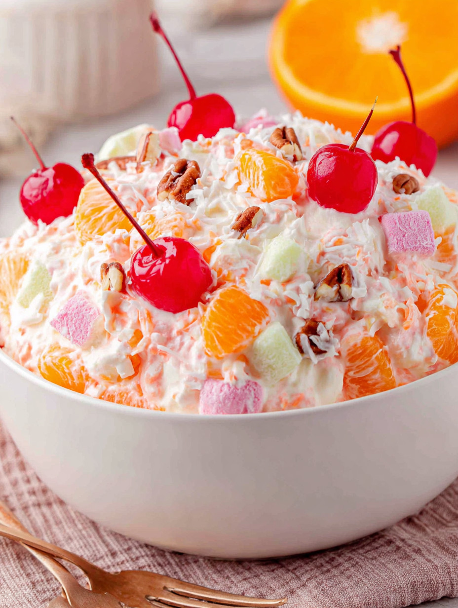 A bowl of fruit salad with cherries and oranges.