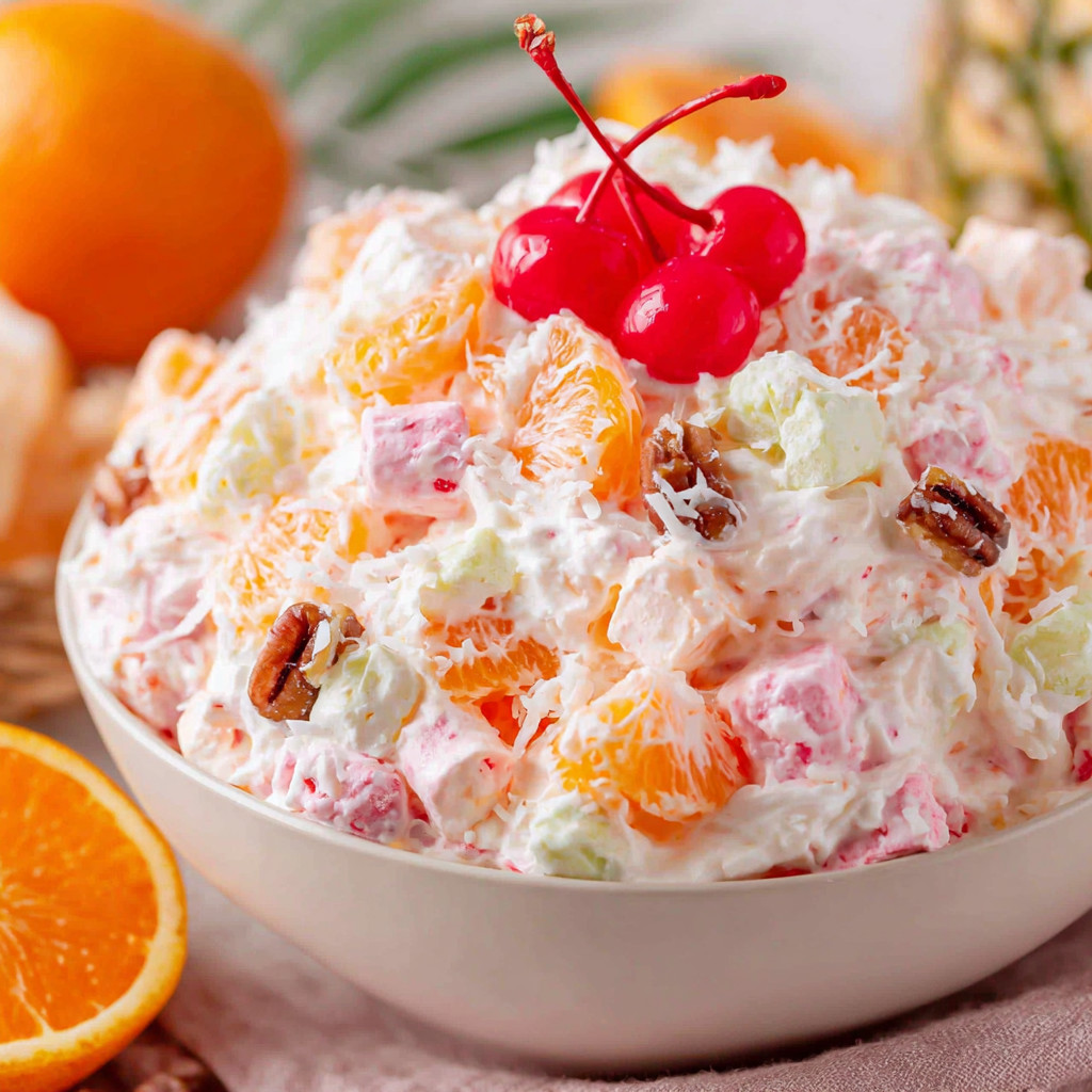 A bowl of fruit salad with cherries and oranges.
