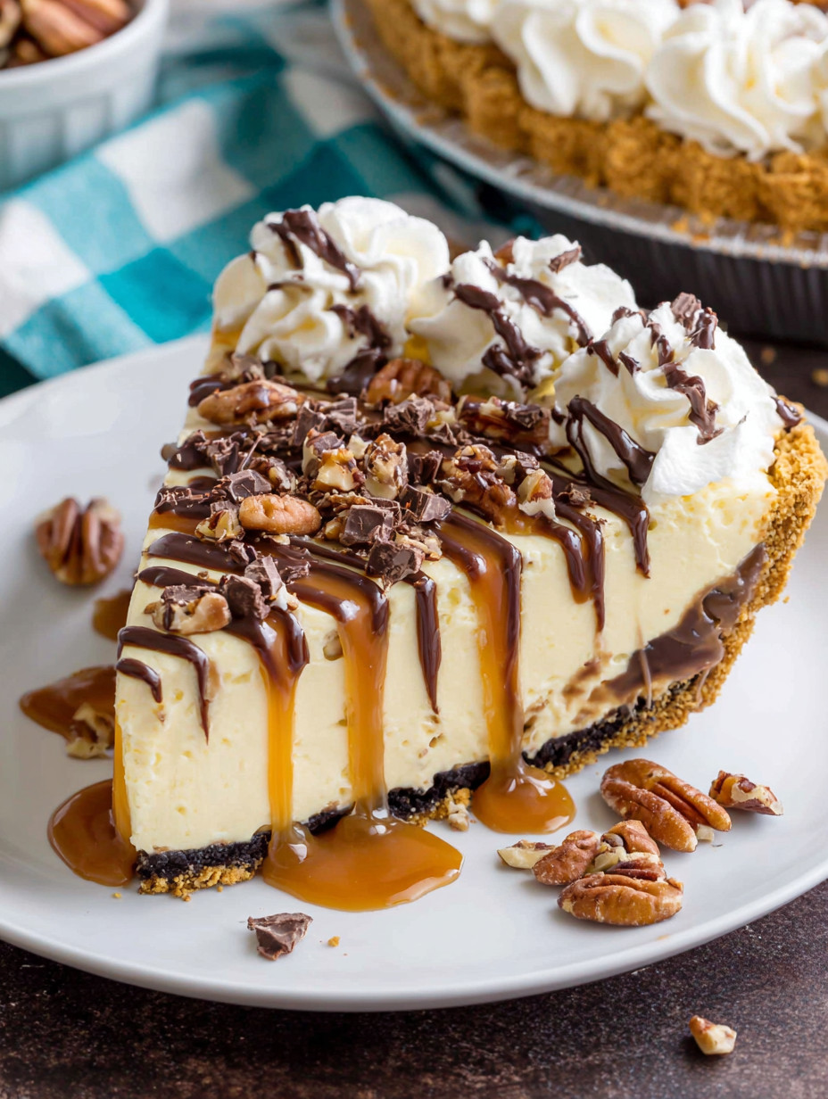 A slice of pie with chocolate and caramel drizzle.