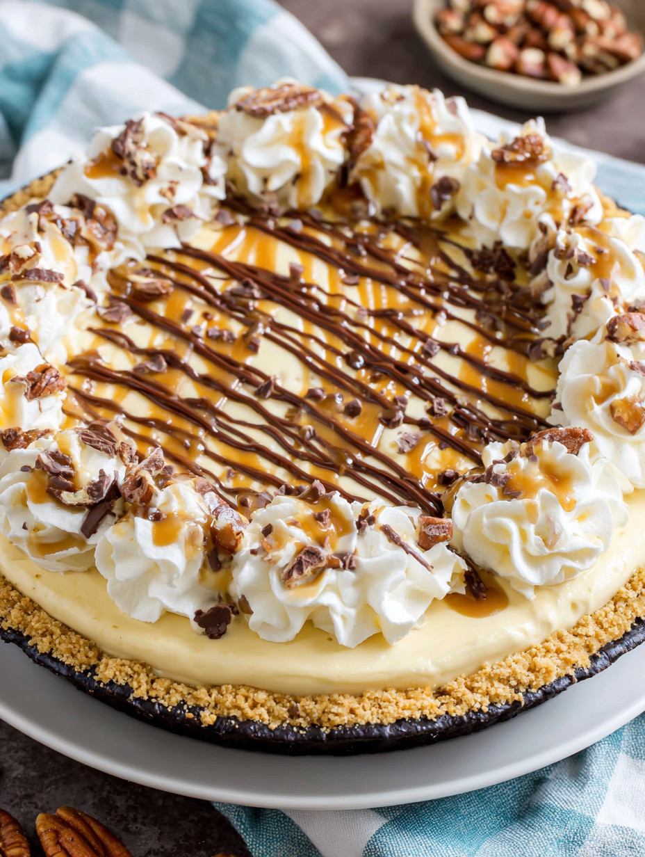 A slice of pie with caramel drizzled on top.