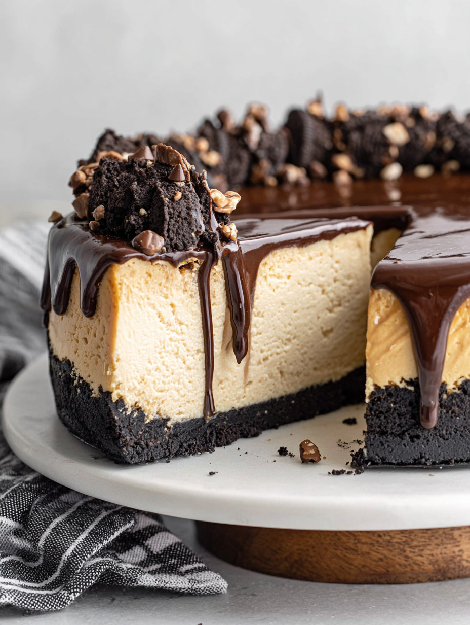 A slice of chocolate cake with chocolate drizzle.