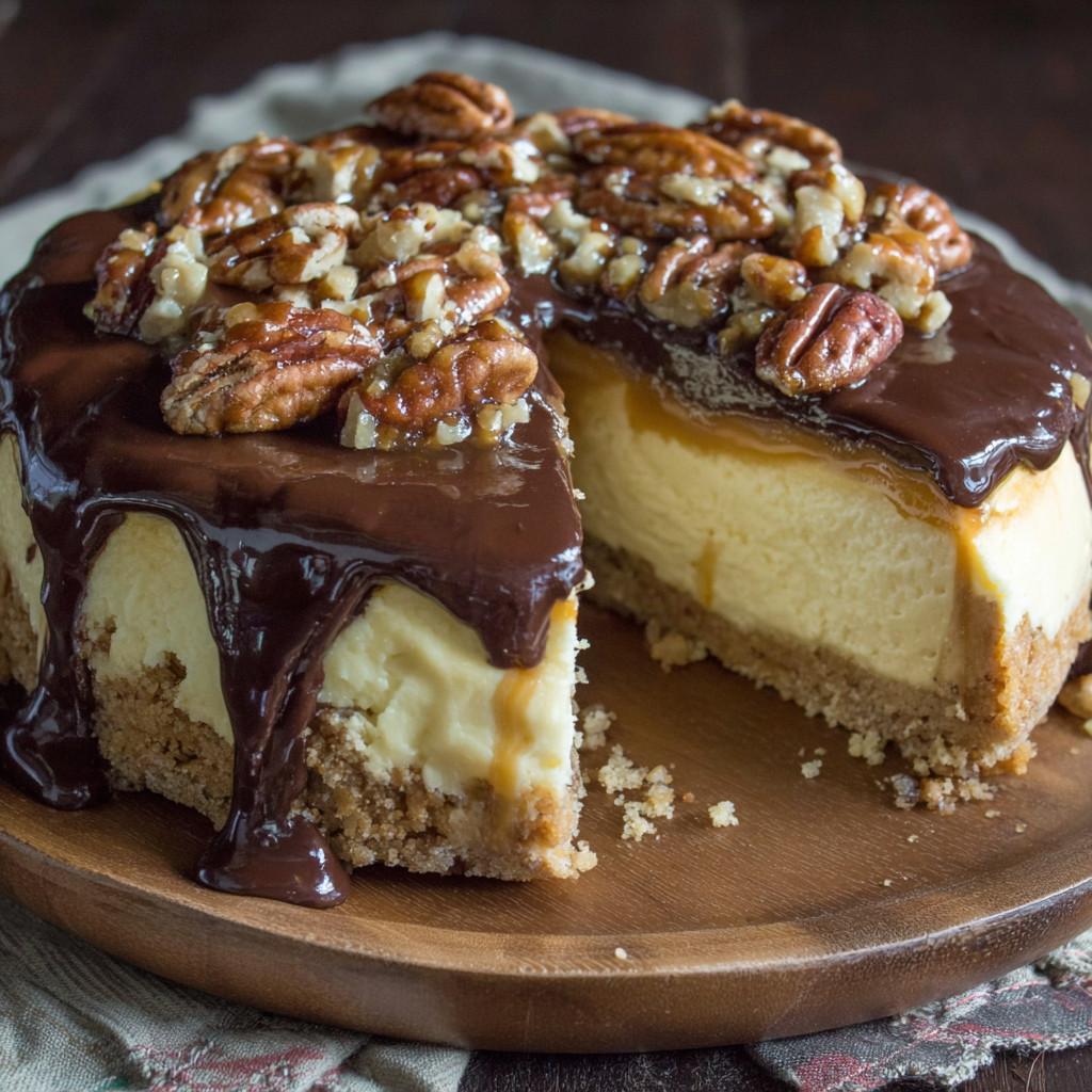 A slice of cake with chocolate and walnuts.