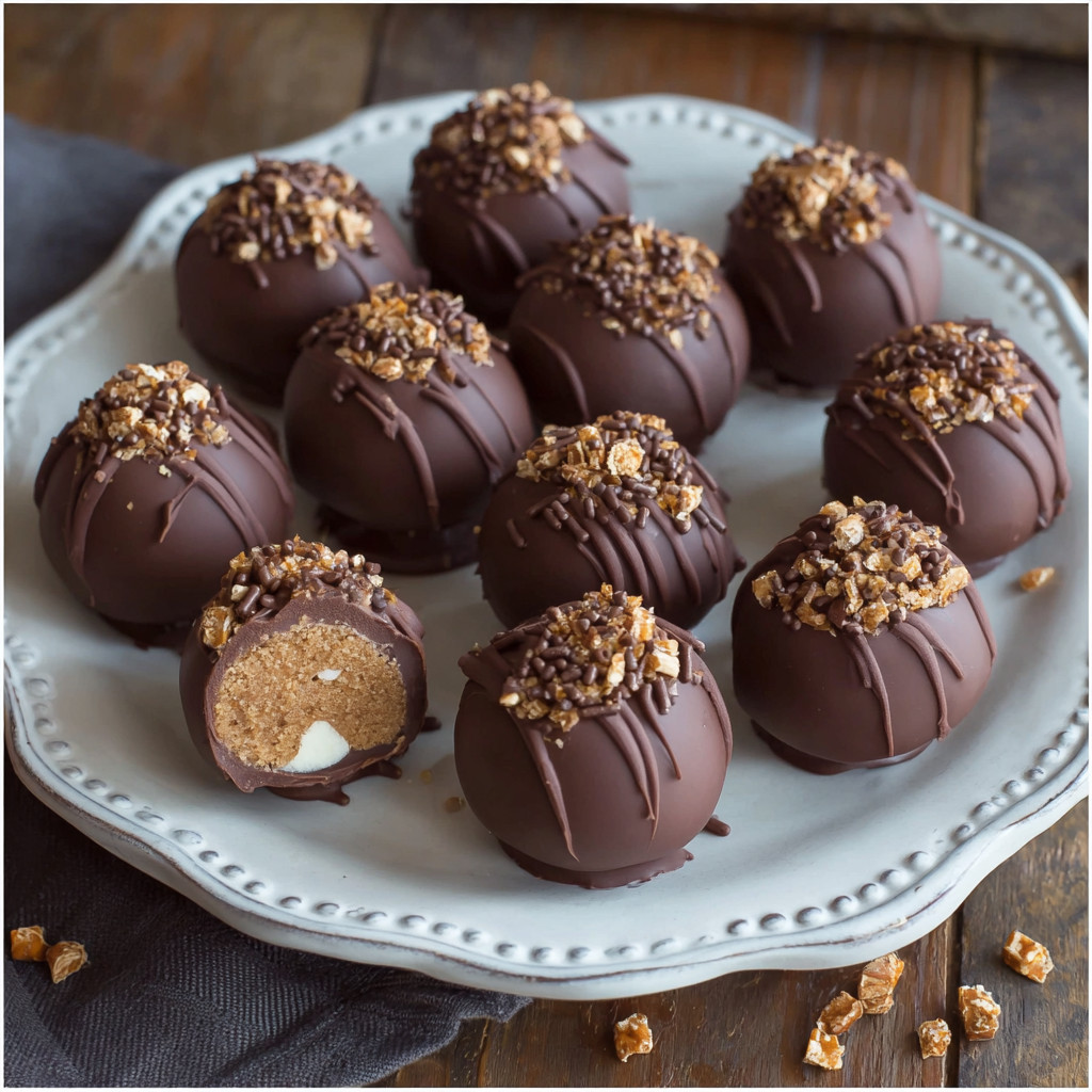 A plate of chocolate covered marshmallows.