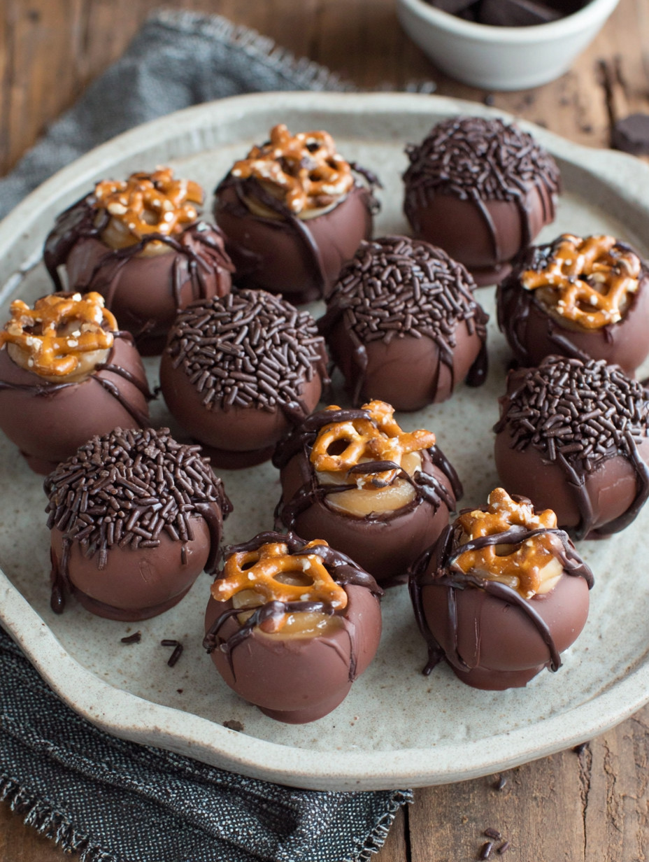 A plate of chocolate covered pretzels.