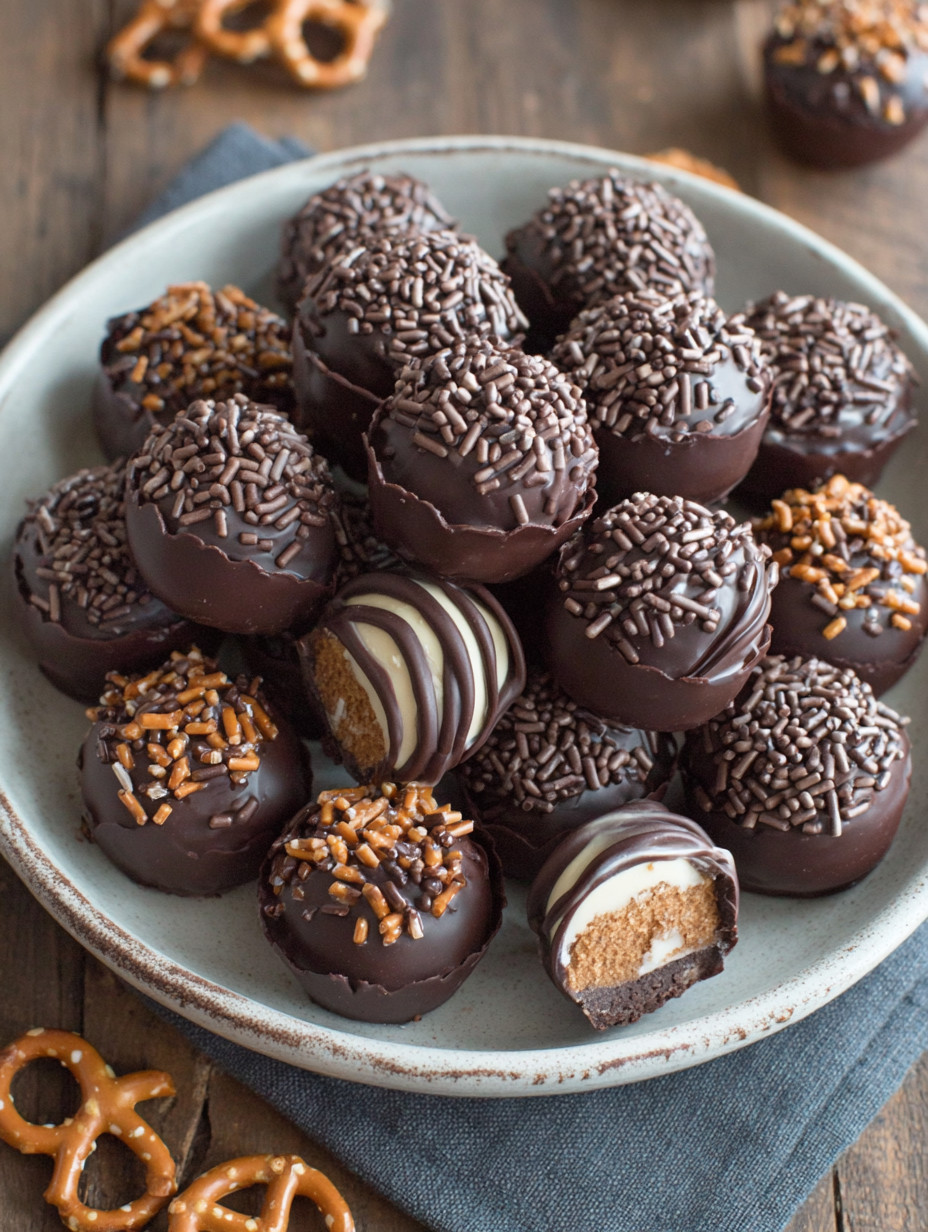 A plate of chocolate covered marshmallows.