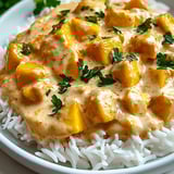 A bowl of rice and chicken with a creamy sauce.