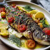 A fish with tomatoes and lemon on it.
