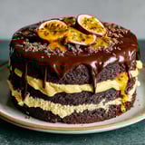 A chocolate cake with fruit on top.