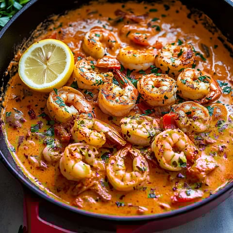 A skillet with shrimp and lemon in a creamy garlic-paprika sauce.