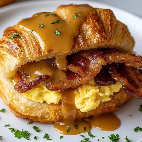 A croissant sandwich with maple mustard and bacon.