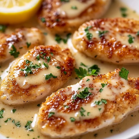 A plate of chicken scallopini with lemon wedges on top.