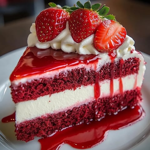 A slice of red velvet strawberry cheesecake.