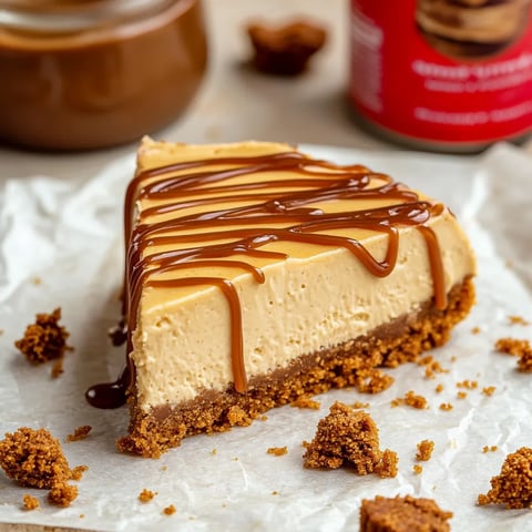 A slice of Biscoff cheesecake with caramel drizzle.