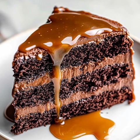 A slice of moist chocolate caramel cake.