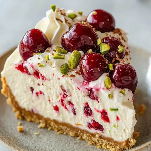 A slice of lemon-lime cherry pistachio cheesecake.