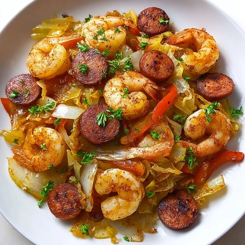 A plate of food with shrimp, sausage, and bacon.