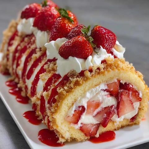 A homemade strawberry shortcake cheesecake roll.
