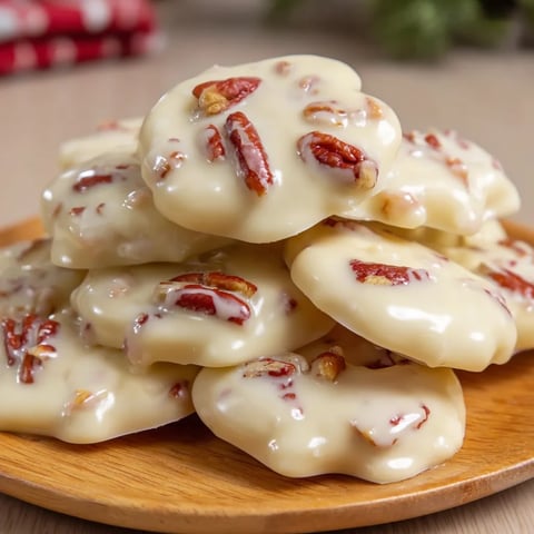 A stack of pecan pralines on a wooden platter.