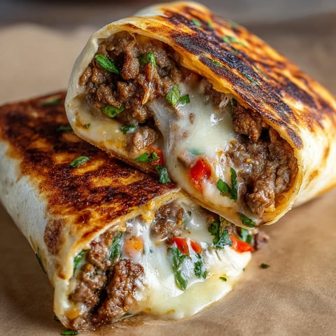 A Philly Cheesesteak Wrap with meat and cheese.