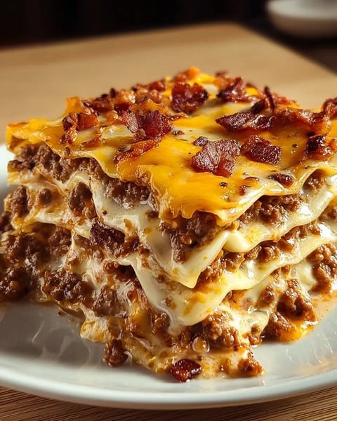 A stack of Parmesan Garlic Bacon Cheeseburger Lasagna.