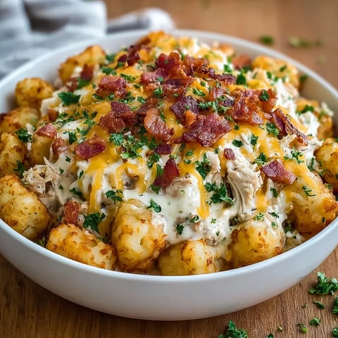 A bowl of chicken bacon ranch tater tot casserole.