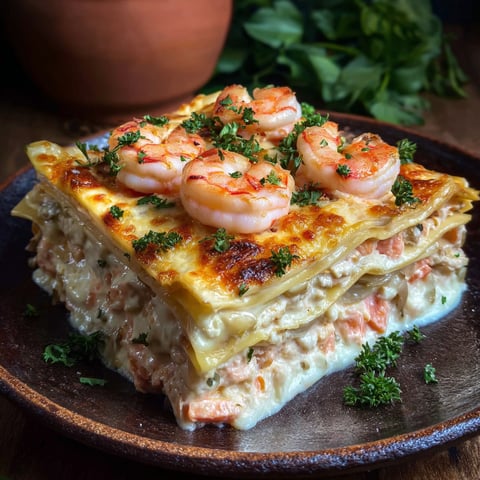 A plate of seafood lasagna with shrimp and crab on top.