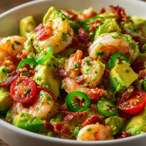 A bowl of shrimp salad with avocado and bacon