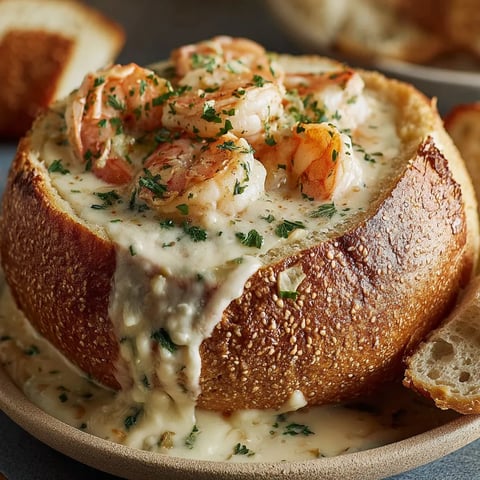 A stuffed seafood bread bowl with shrimp and cheese.