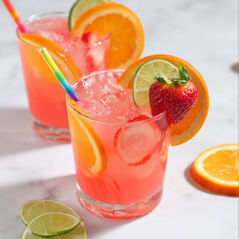 Two glasses of pink fruit punch cocktail with orange slices.