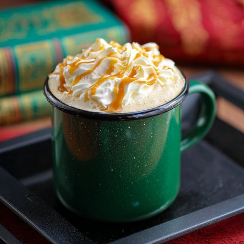 A green cup of Butterbeer latte with whipped cream.