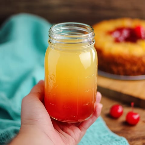 A person holding a glass of pineapple upside down cake shot.