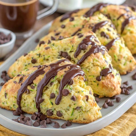 A plate of muffins with chocolate drizzled on them.