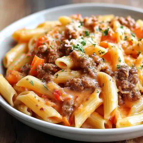 A bowl of pasta with meat and cheese.