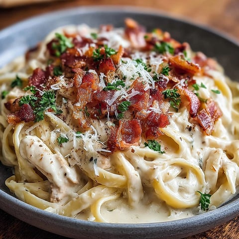 A bowl of pasta with bacon and cheese.