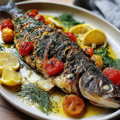 A fish with tomatoes and lemon on it.