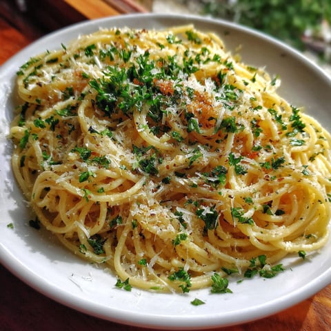 A plate of spaghetti with cheese and herbs.