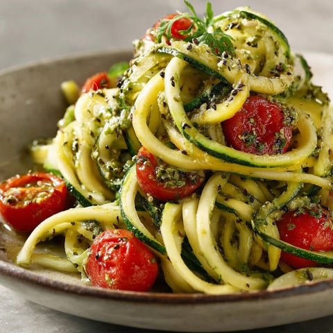 A bowl of pasta with tomatoes and zucchini.